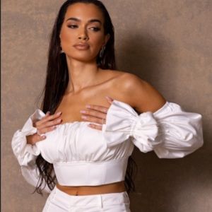 Premium White Constructed Satin Ruched Balloon Sleeve Crop Top